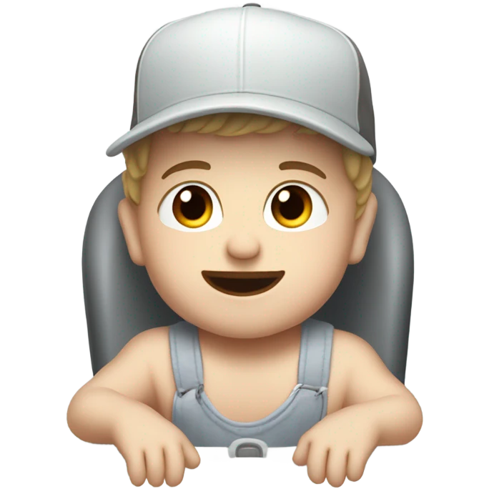 Young white man in unlabeled baseball hat rocking a white infant baby in puffy grey rocker  emoji