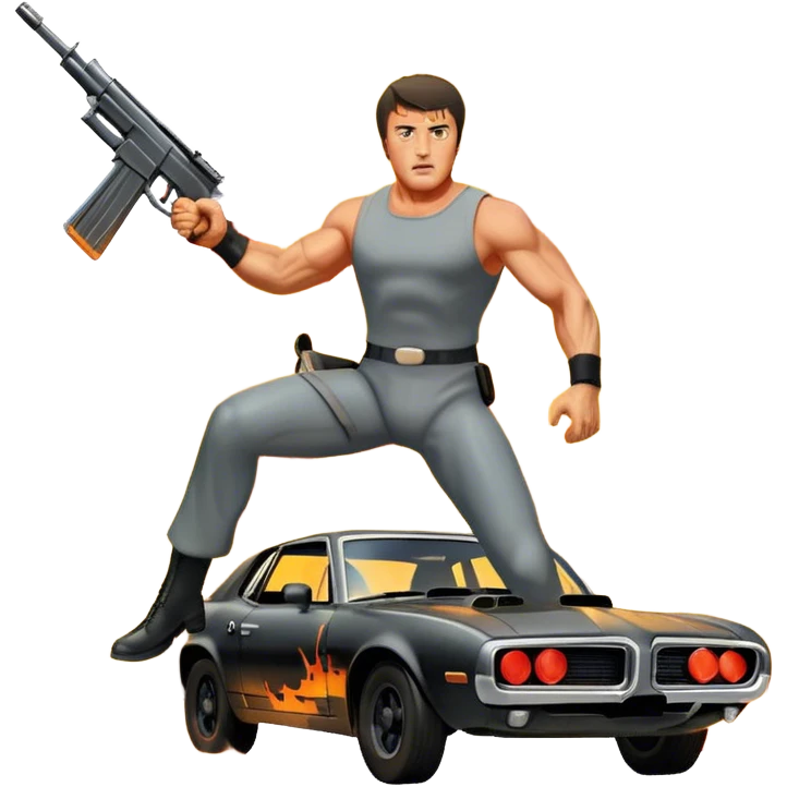 Icon for Action Movie: A vintage movie poster-style design featuring intense action scenes with explosions, weapons, and dramatic poses of Stallone. Include cars and helicopters flying out of flames in the background. Bold typography and retro cinematic style. Transparent background. emoji