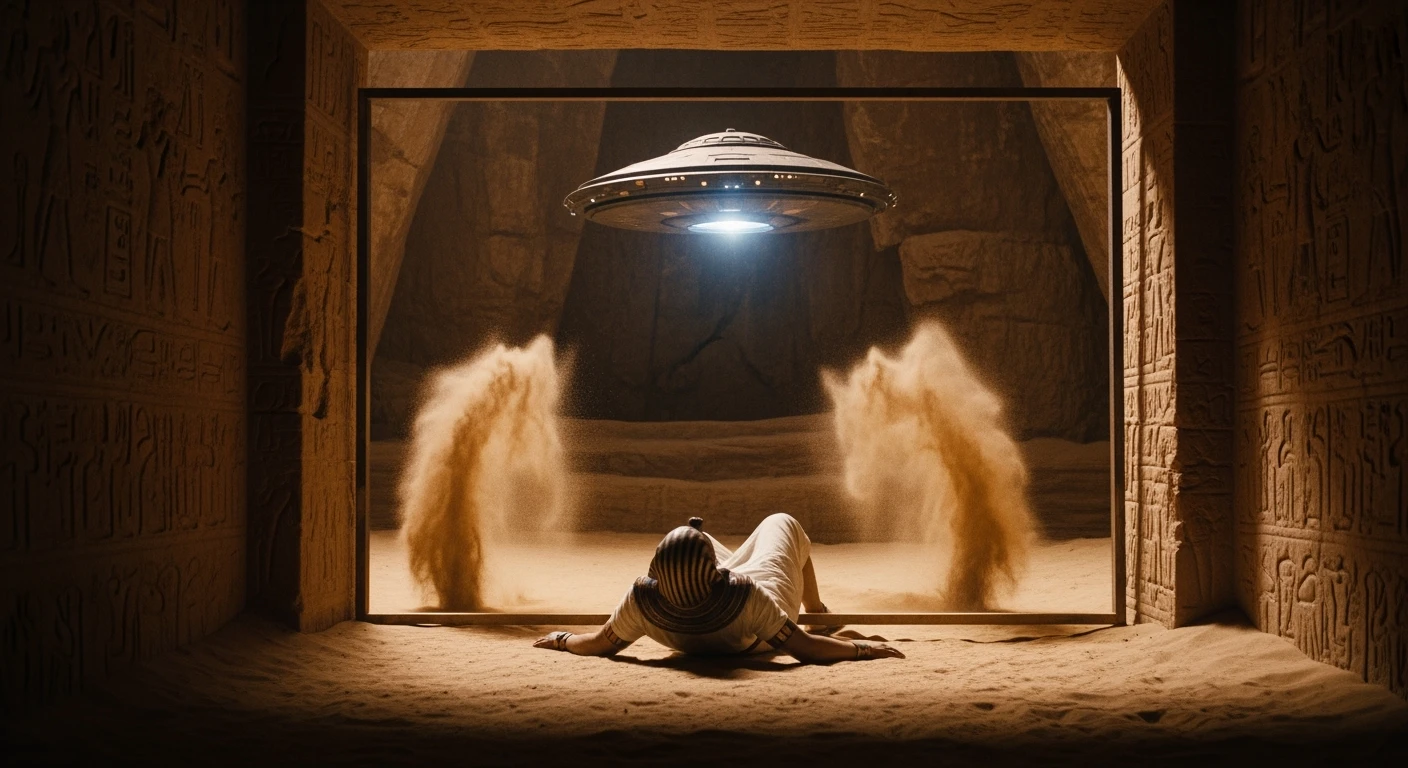 cinematic still, documentary photography, acient egypt, back shot of a man dress in ancient clothes in cave (frame in frame effect) on ground laying front of ufo starship, sand flying around, dynamic scane, leading lines, captured by arri alexa emoji