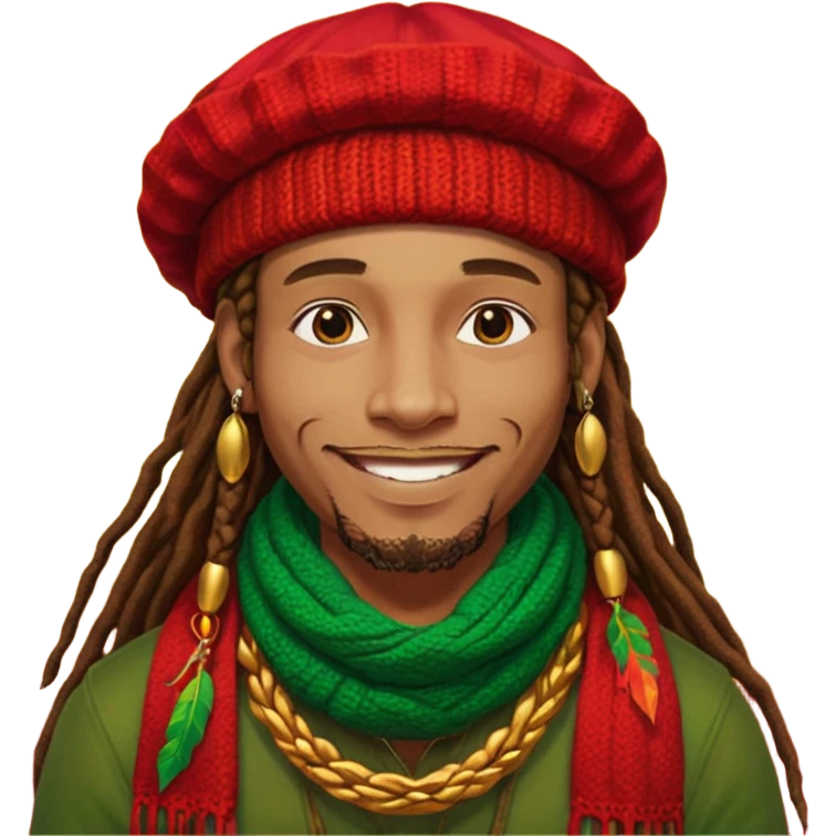 Create a powerful illustrated portrait of a smiling man with long dreadlocks, wearing a colorful red, gold, and green knitted tam. The background has jungle leaves and warm lighting. Style: vibrant digital art, modern, bold lines, reggae vibe. With a Amsterdam colour scarf around his neck emoji
