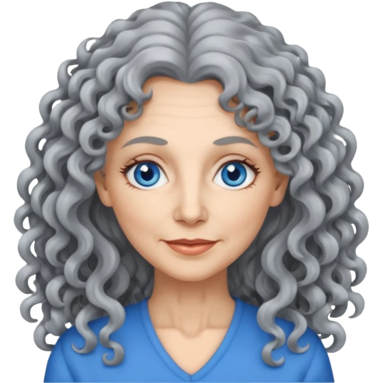  50 years olde woman with grey long curly hair and bleu eyes emoji
