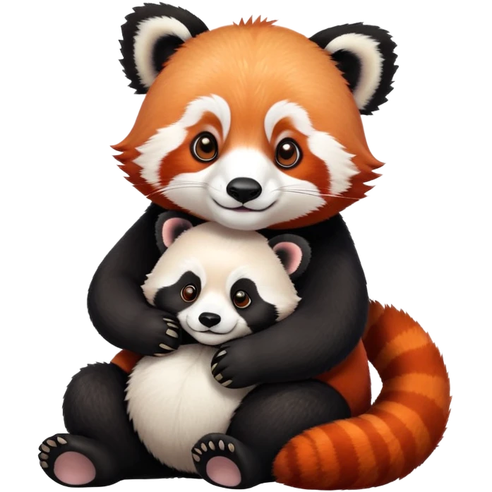 Small red panda perched on a large panda bear emoji