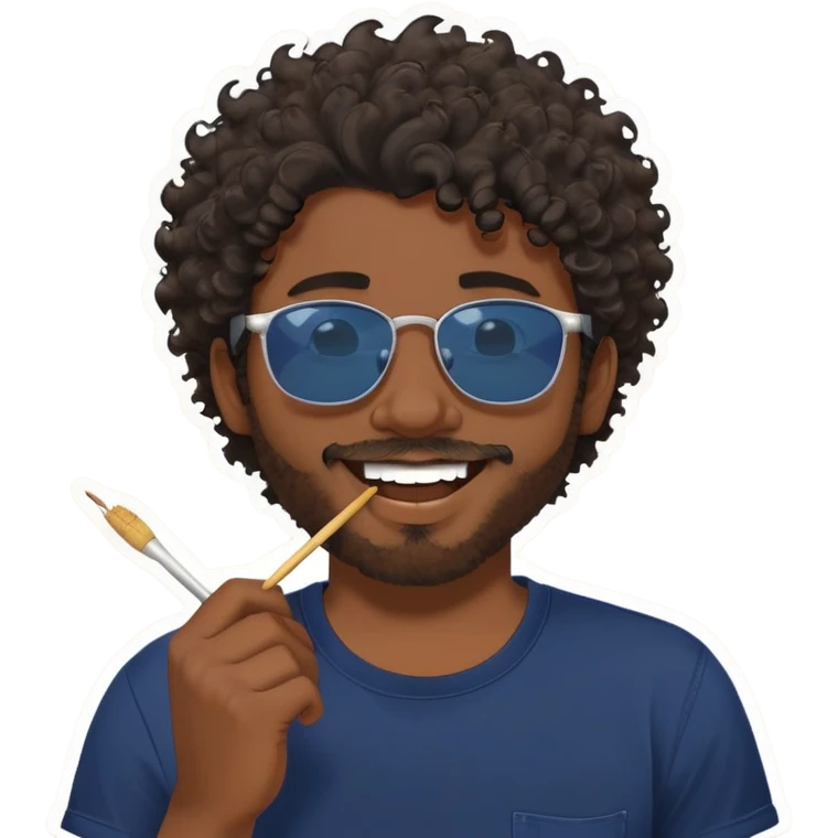 A cartoon-style sticker of a young man with messy dark curly hair and a short beard. He is wearing a navy blue t-shirt. He is smiling confidently with a toothpick in his mouth, held between his teeth on the right side. His sunglasses are unique — they are clearly hand-drawn on white paper and cut out, with cyan-colored diagonal lines and bold outlines. The paper glasses are placed on his face in a humorous way. He is pointing with his left hand in a playful, “you got this” gesture, with his thumb up and index finger pointing forward. The style is bold, outlined, with vibrant colors, clean vector lines, and designed for use as a sticker. Transparent background. emoji