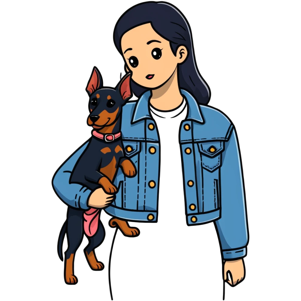 girl in denim jacket holding a Doberman dog emoji