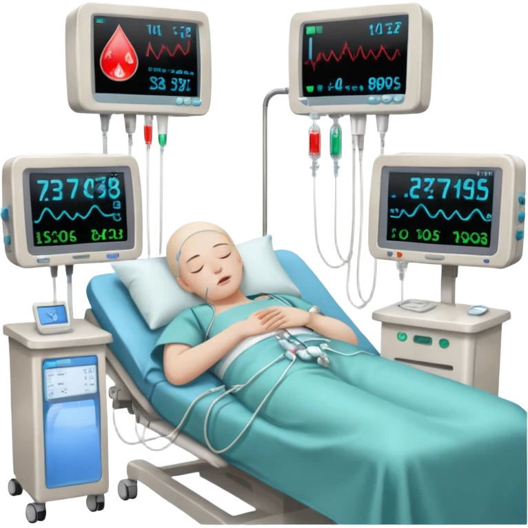 a PATIENT waking up before a surgery sleeping. And monitors with vitals and numbers emoji