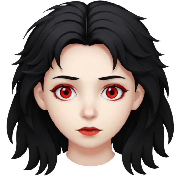 Человек с бледной кожей с красными глазами с чёрными волосами до ушей растрепанные emoji