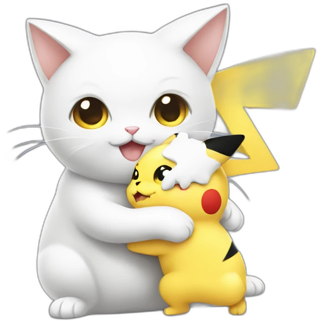 white cat and pikachu hug emoji