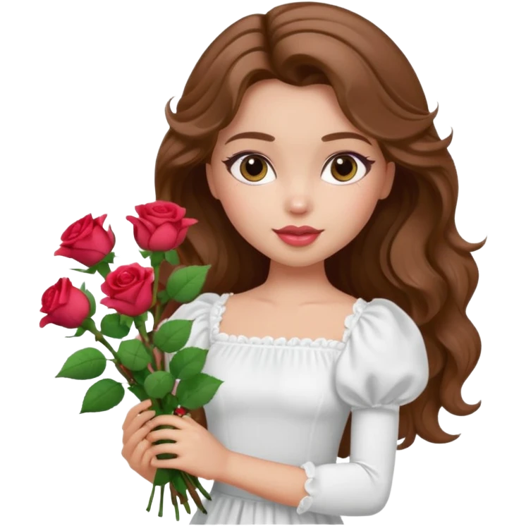 generate a pretty bratz girl with in a white puff sleeve top.  light lipgloss on . Brown wavy hair long. carrying flowers  emoji