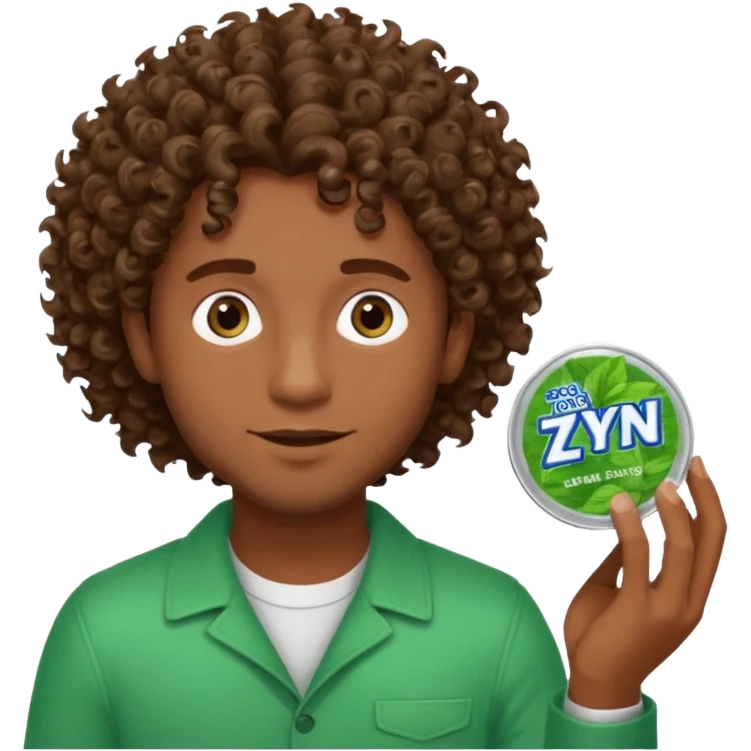 Man with Curley brown hairholding Zyn spearmint snus emoji