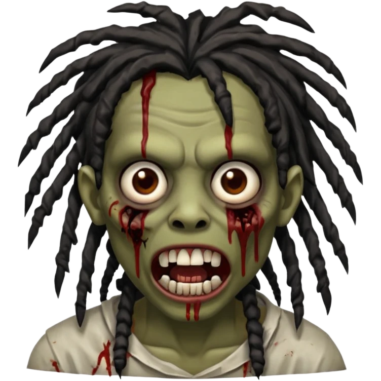 zombie with brown skin, messy black dreads hair, wide centered brown eyes, dark bloody marks under the eyes, and a slightly open mouth showing crooked teeth grillz, giving a distressed, undead look. emoji
