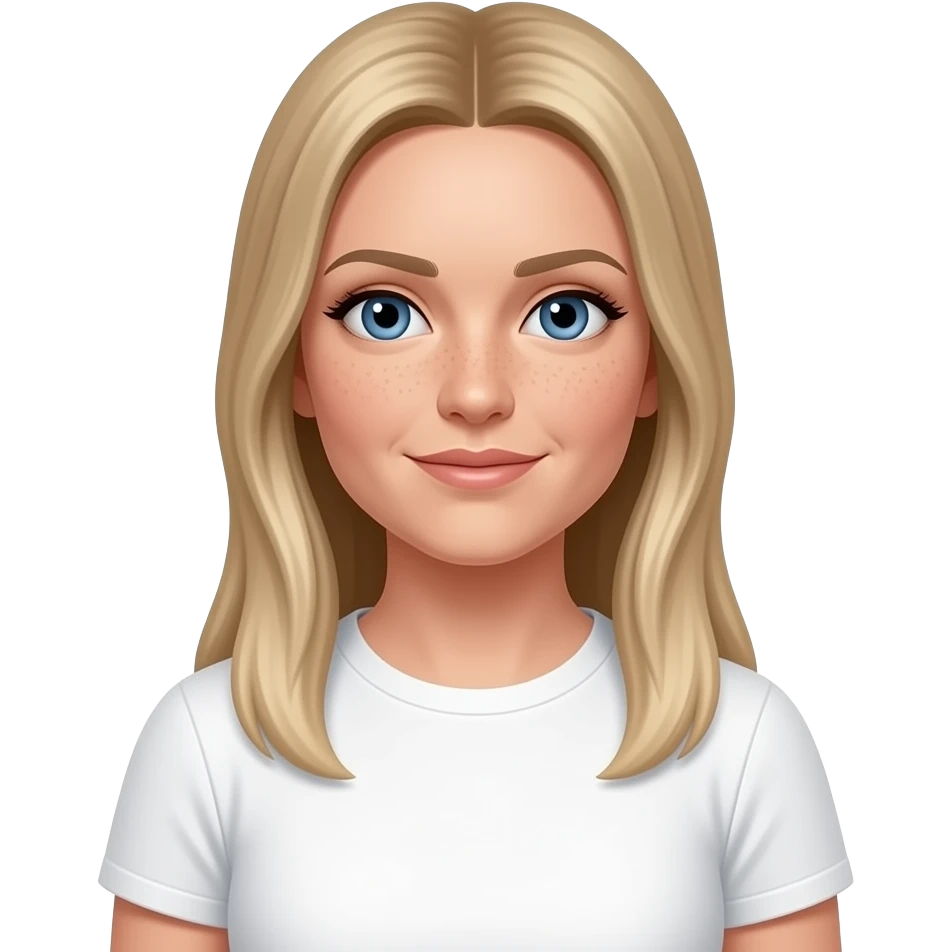 40 year old irish woman with blue eyes, pale skin with freckles, thin face, high forehead,  and long, straight, blonde hair with middle parting wearing a white t-shirt emoji