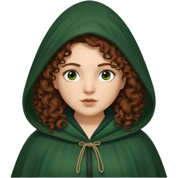 A white woman with a chubby face, with extra long dark auburn hair, cloaked and hooded like she's a Traitor in the tv show 'The Traitors'. her hair is frizzy curly, not with defined curls, and the robe is a very dark green/almost black color emoji
