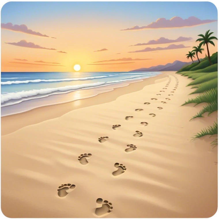 A quiet beach at sunset. Two sets of footprints—one small, trailing behind, the other larger, leading forward. As they continue, the small steps merge into the larger ones, until only one set remains, past and present walking as one. emoji