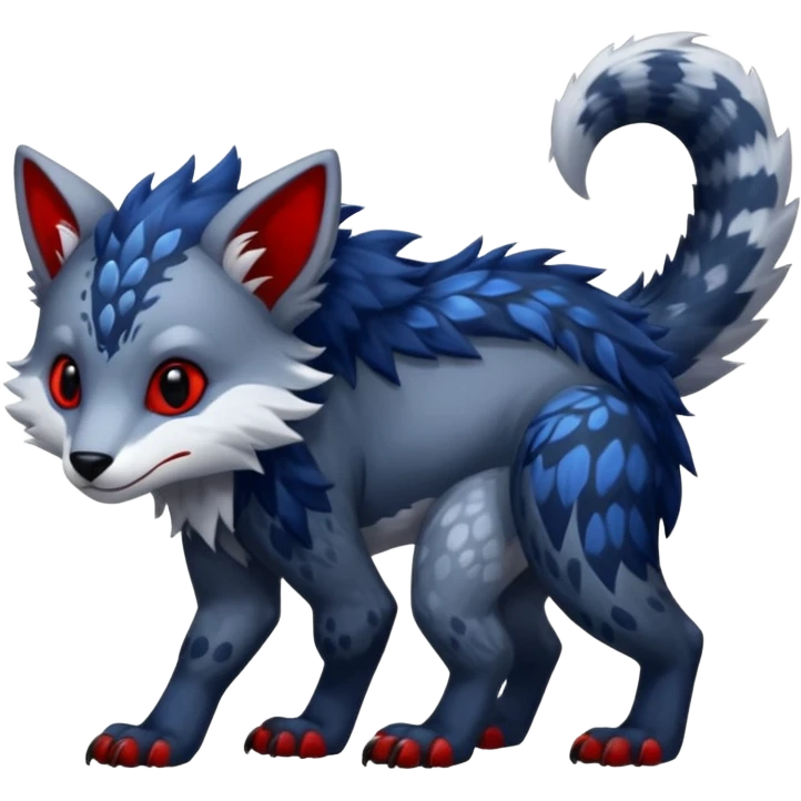 Shiny colorful exotic midnight blue-gray-black, with red markings, white belly, scaley scaly batty feline-like quadrupedal digitigrade furry feral Bastet-Noibat-Gatomon-Garchomp-Digimon-Fakémon-Pokémon-creature (full body) emoji
