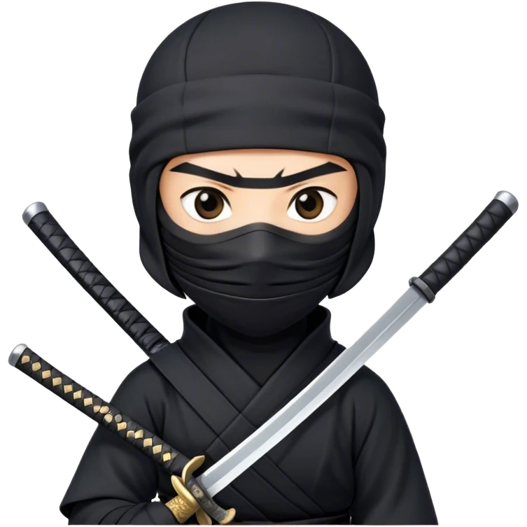  A emoji cartoon-style digital illustration of a ninja dressed in a full black outfit with a face mask, leaving only the eyes visible. The ninja has a serious and focused expression. A katana sword is strapped to their back, with the handle visible over one shoulder. The background is plain white emoji