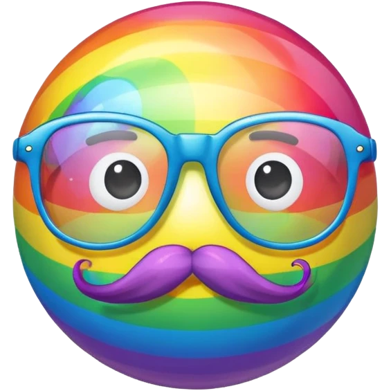 a rainbow ball with no nose  with a mustache and glasses and a bow emoji