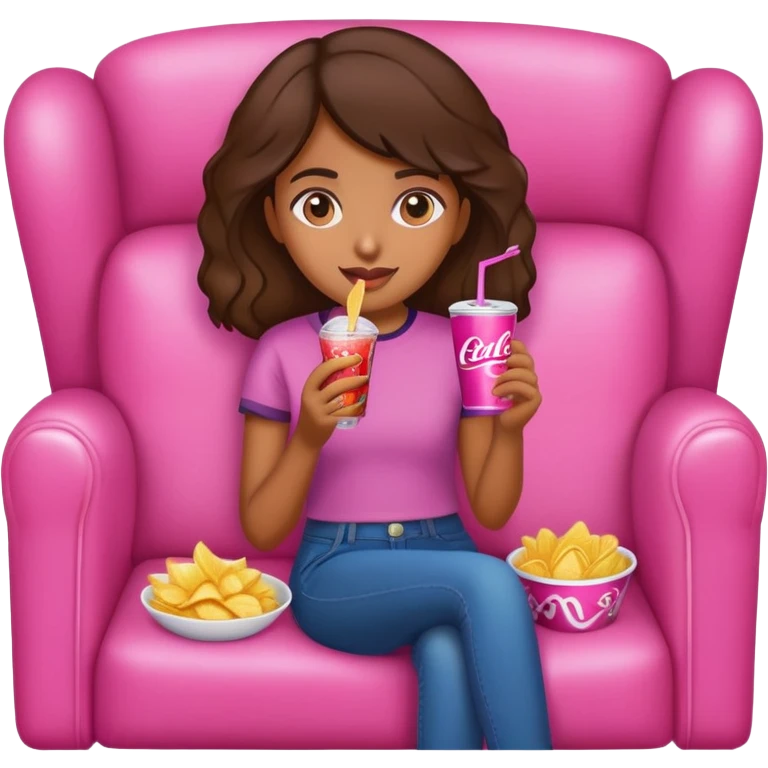 home brown girl with chips and soda drink at the pink sofa emoji