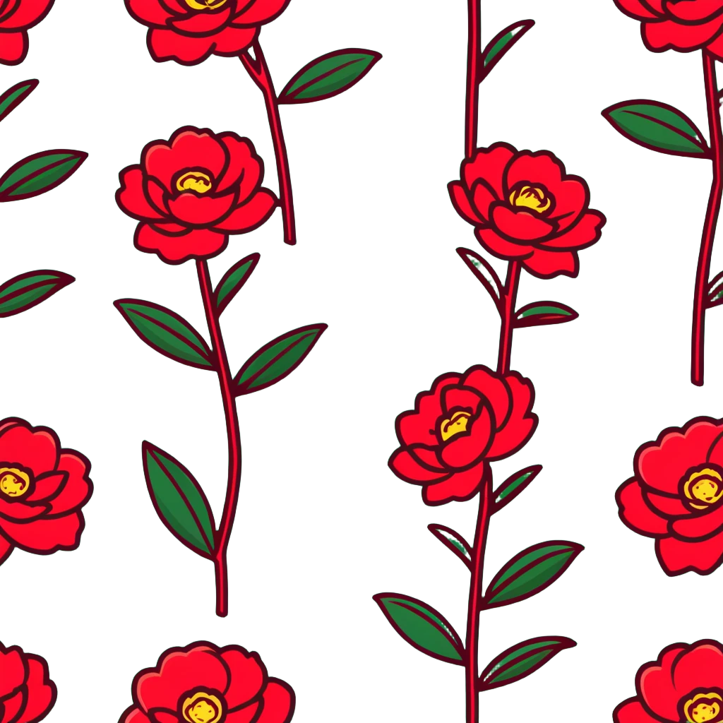 Elegant camellia japonica (tsubaki) bloom with perfect geometric arrangement of deep red petals and serrated green leaves emoji