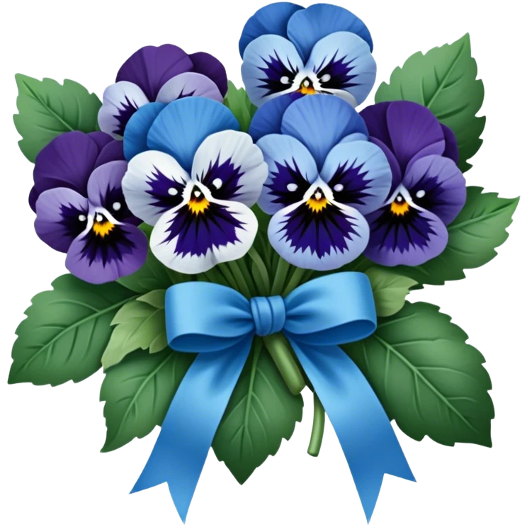 A beautifully tied deep green ribbon wrapped around a bouquet of soft blue pansies, displayed on an antique wooden table. emoji