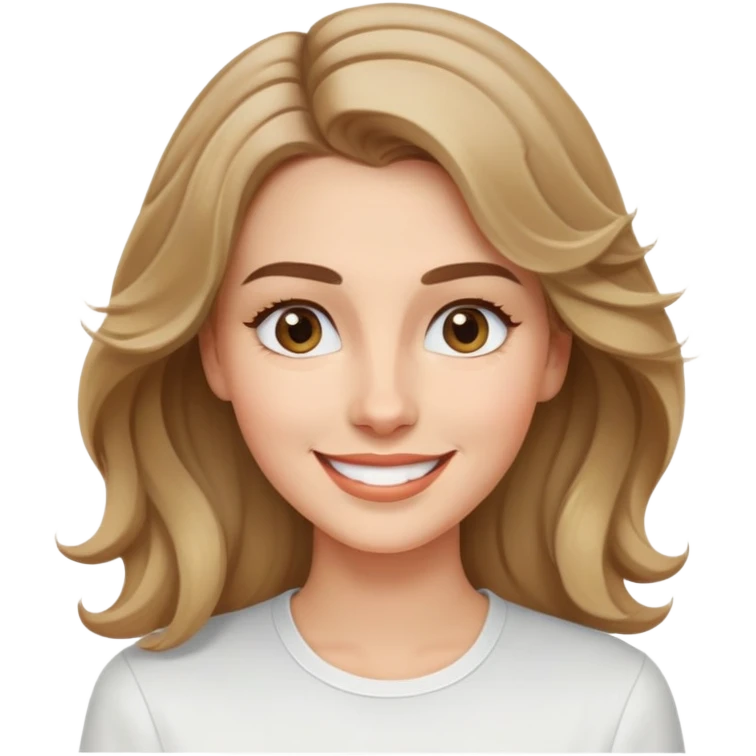 Mujer joven caucasian, cara alargada, cejas suaves, pelo rubio oscuro ondulado con puntas claras, raya al lado. Sonrisa amplia, expresión alegre. Camisa blanca. emoji