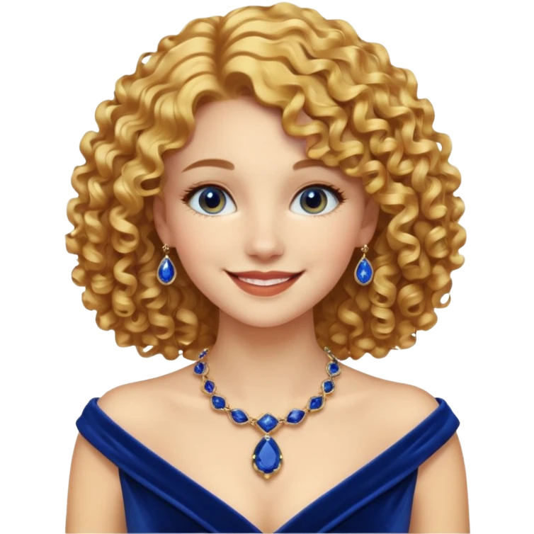 emoji of a young elegant lady, curly golden hair, wearing a velvet gown and sapphire necklace, warm smile emoji
