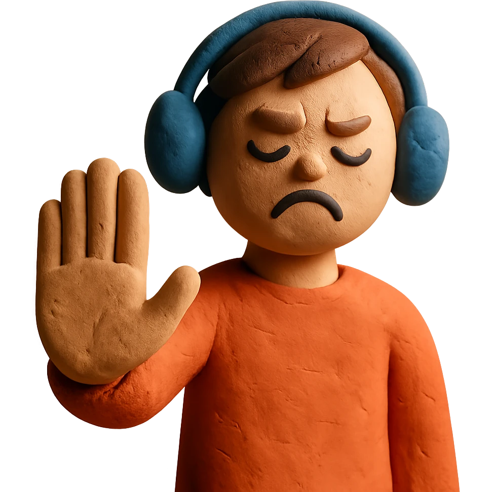 person in headphones showing a refusal sign emoji