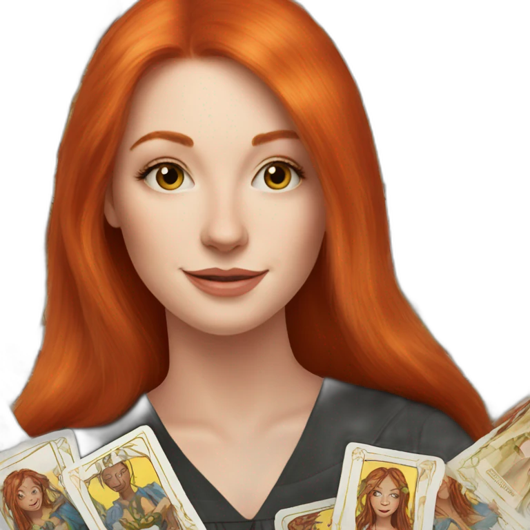 redhead white woman medium long straight hair, celebrating graduation with tarot cards emoji