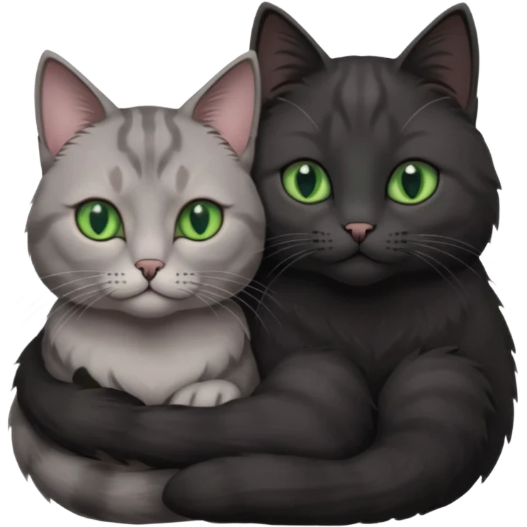 1 regal looking grey cat with pastal green eyes and 1 black with green eyes cat cuddling emoji