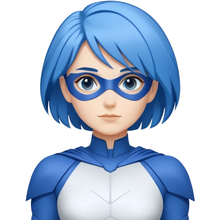 Close-up emoji of a friendly woman with blue hair (no mask on the face), wearing a minimalist blue and white superhero suit with broad shoulders. The suit has a large blank area on the chest for a logo, uses only blue and white colors, and has minimal details.  emoji