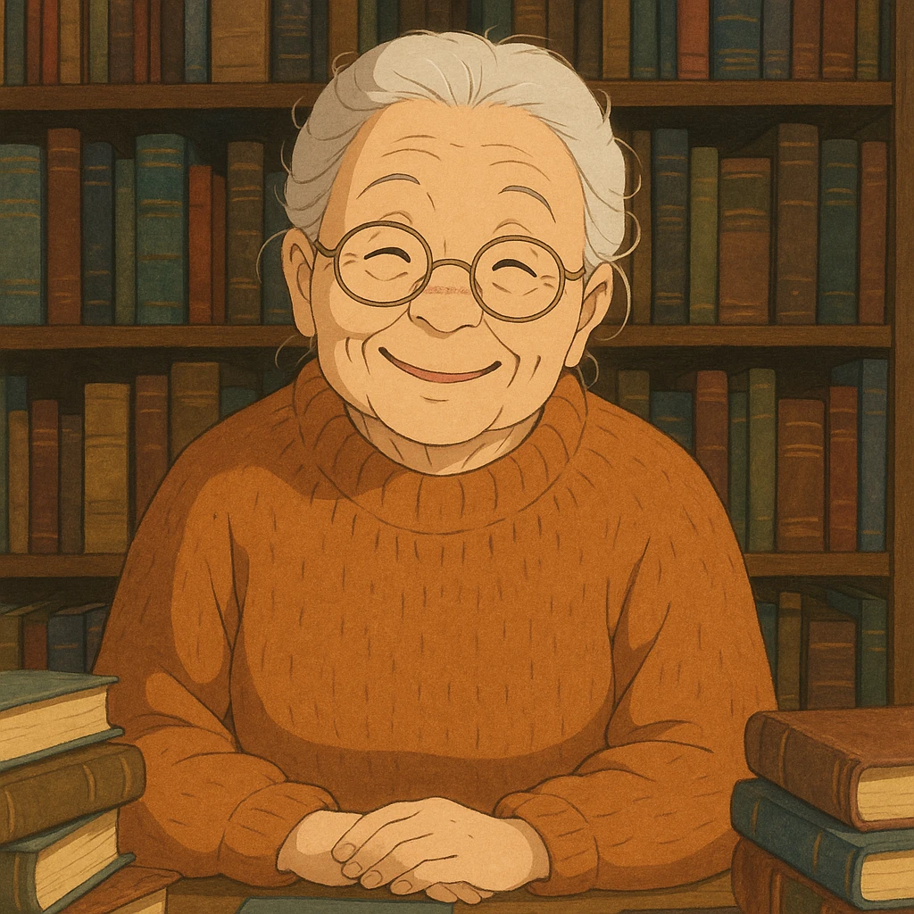 ghibli style elderly smiling librarian granny, warm expression, glasses, cozy sweater, surrounded by books emoji