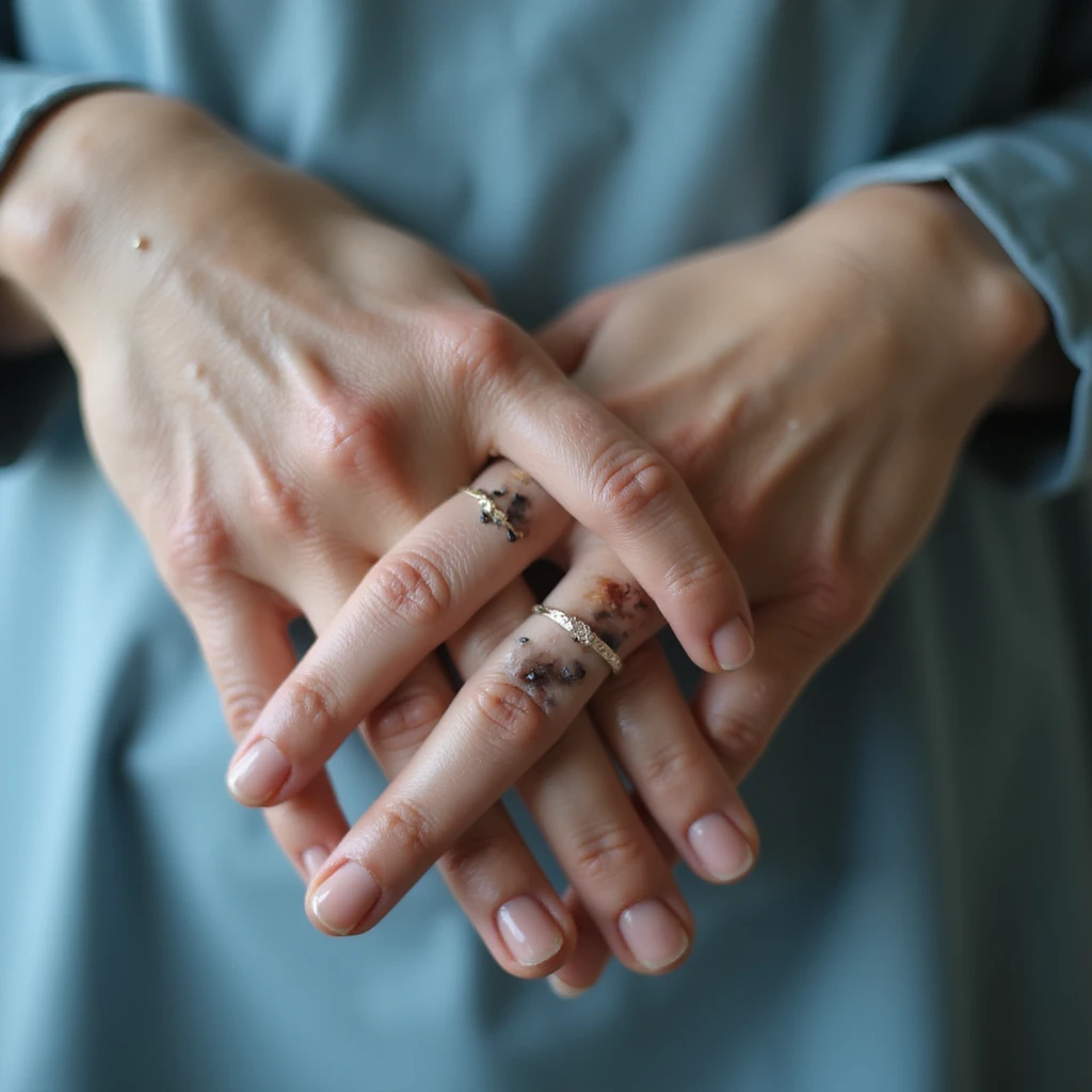 detail of hands of a woman with PCOS, fragile nails and light dark spots on knuckles (sign of insulin resistance), hyperrealistic 4K details, clinical environment emoji