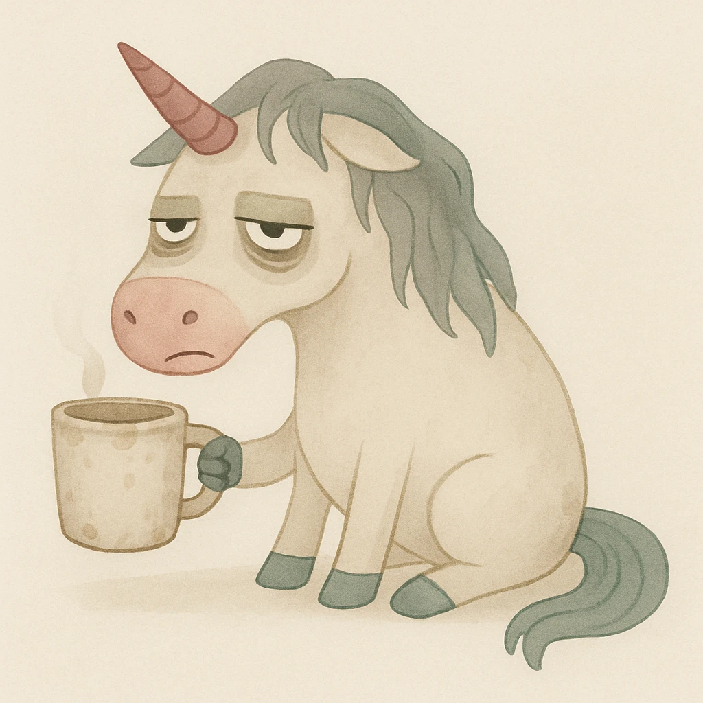 Add a dirty coffee cup in the unicorn's hoof, keep the painterly watercolor style, unicorn remains disgusting and rumpled with bags under his eyes and a drooping horn. emoji