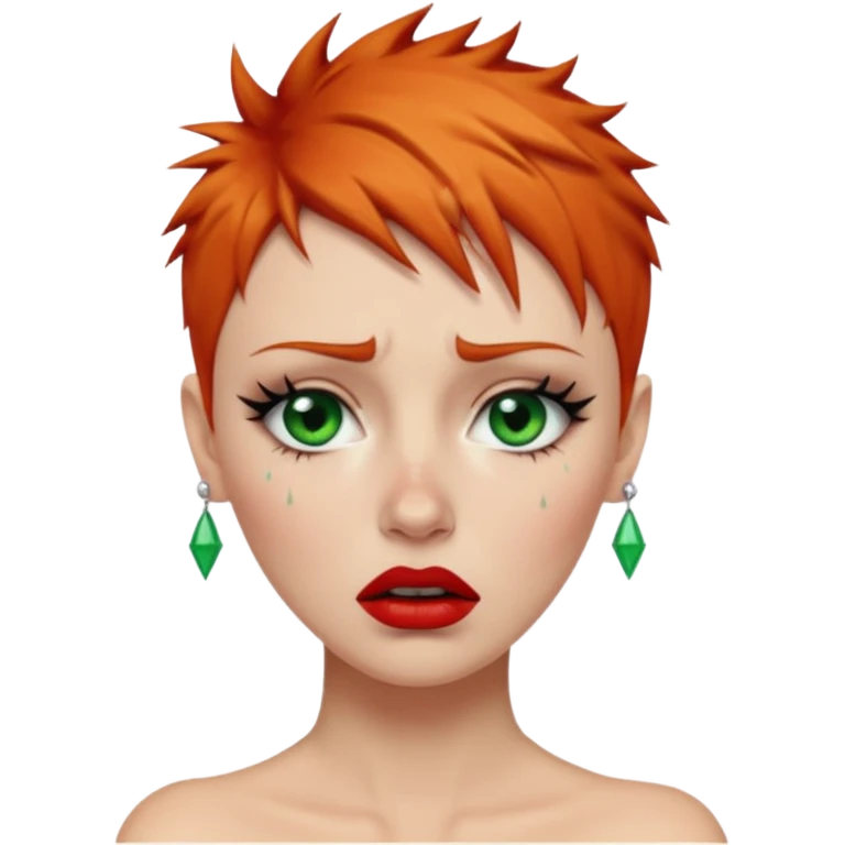 Short spikey Ginger hair, green eyes, black long eye lashes large red lips White woman crying tears on face emoji