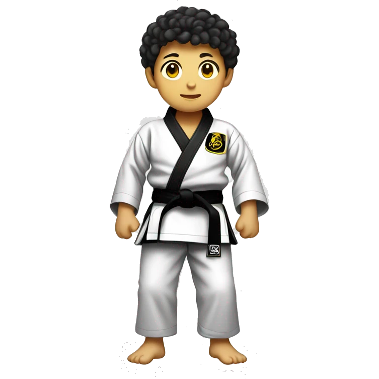 Full body Asian boy with short curly hair wearing a black jiujitsu gi with a yellow belt  emoji