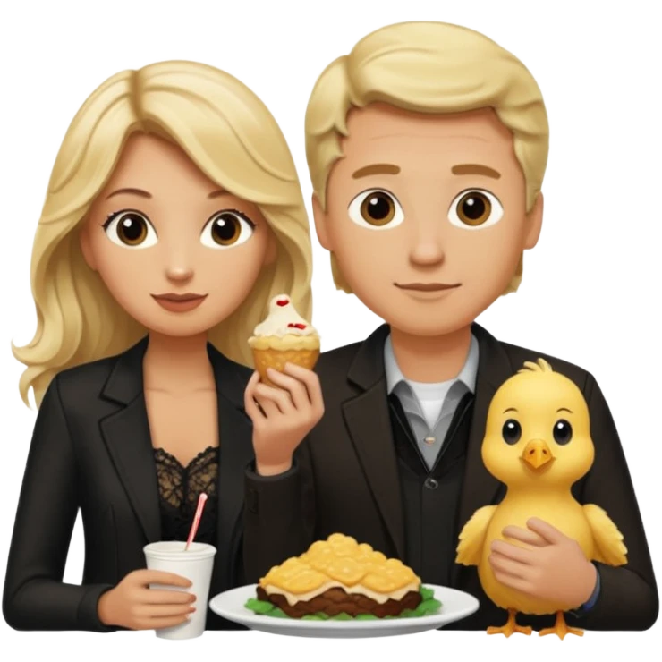 Love tan woman long wavy blonde hair and black lace  with  a man short blonde hair wearing Brown  jacket eating chick filet  emoji