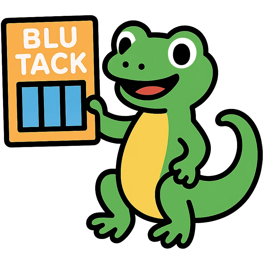 a gecko holding a pack of blu tack, colorful, cheerful emoji