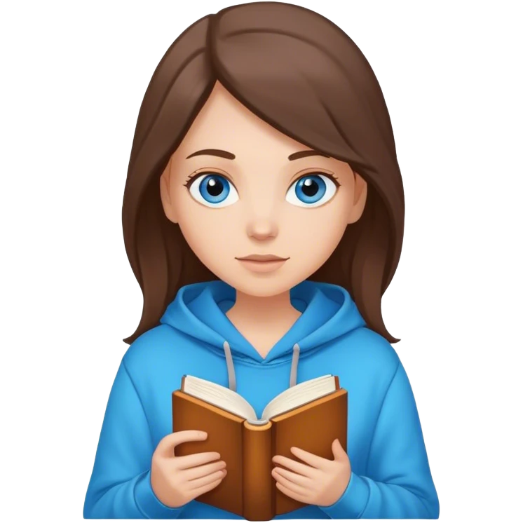 White girl brunette with blue eyes in a warm hoodie holding a book emoji