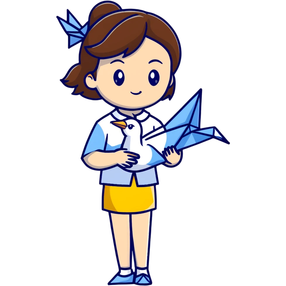 Ukrainian young girl with brown hair wearing a white embroidered shirt holds an origami yellow-blue crane emoji