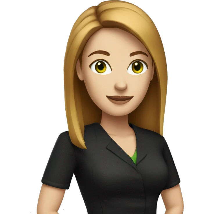 executive woman, straight golden brown hair, green eyes, black dress emoji