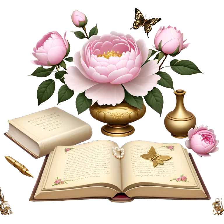 A vintage silk-bound poetry book, its cover embossed with golden floral motifs of pink roses and white peonies, resting on an antique writing desk with an ivory quill and a pearl butterfly sitting lightly on the book’s pages.
 emoji