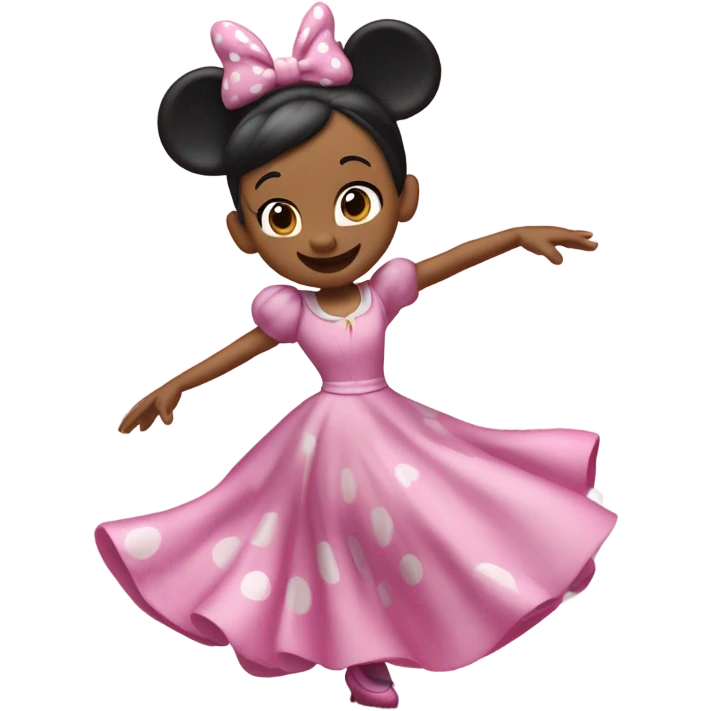 Caucasian Minnie Mouse wearing pink and dancing with Caucasian little girl with light brown hair  emoji