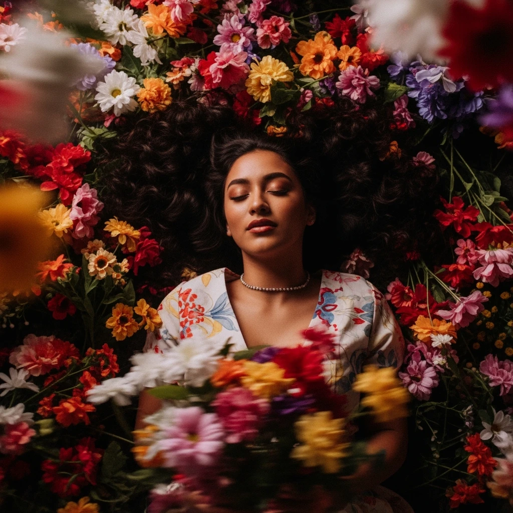 Camera drom top, Motion blur Extreme Closeup photo of a beautifull woman lay around beautifull colorfull flowers, cinematic light, 8K, very detailed, sharp, depth (foreground, midground, background) Spotlight, dark environemnt emoji