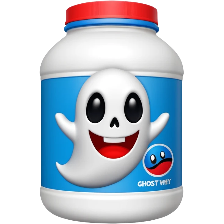 “Front-facing Ghost whey protein powder bottle, tall white plastic tub with wide shoulders and bold red lid. Blue and black Oreo-inspired label with the white GHOST logo and small ghost mascot. Clean studio lighting, soft shadow, realistic emoji-style product, centered on white background.” emoji