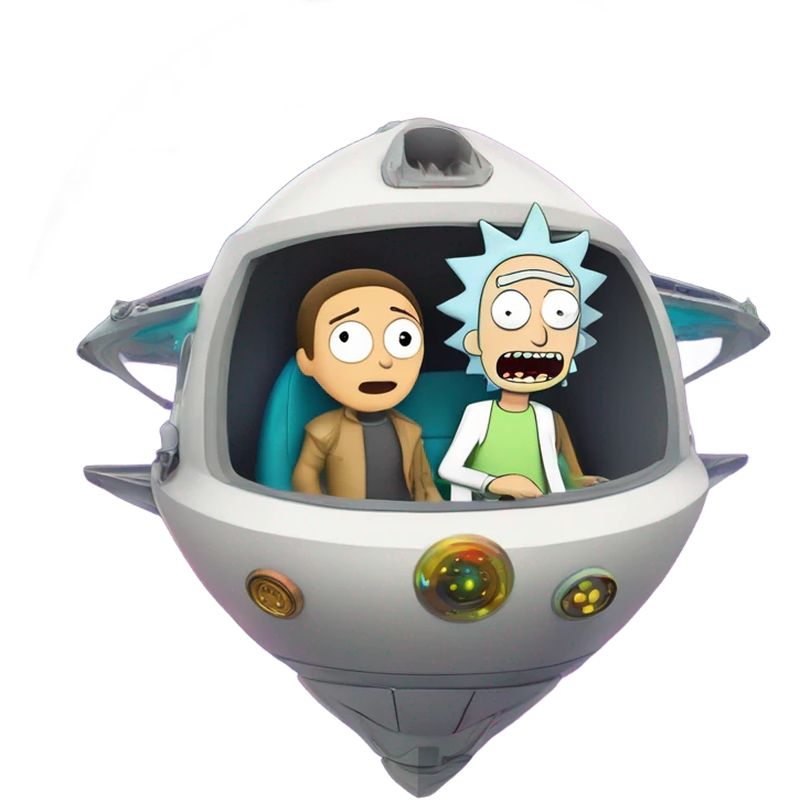 Hot wheel young Rick and Morty flying in spaceship to citadel  emoji