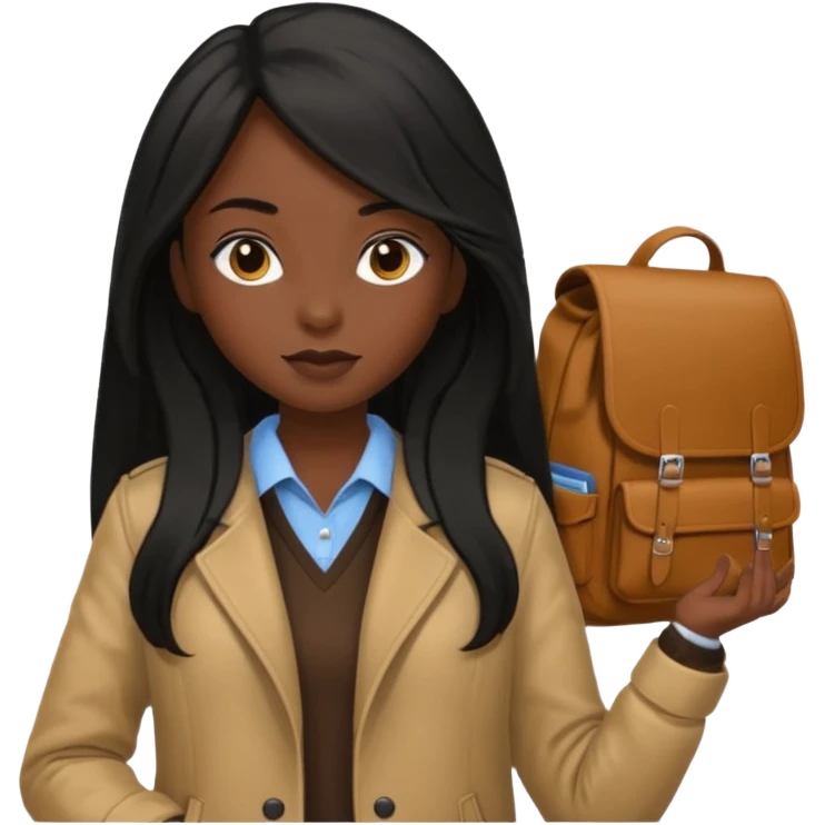 walk black long hair girl at university without backpack with brown jacket emoji