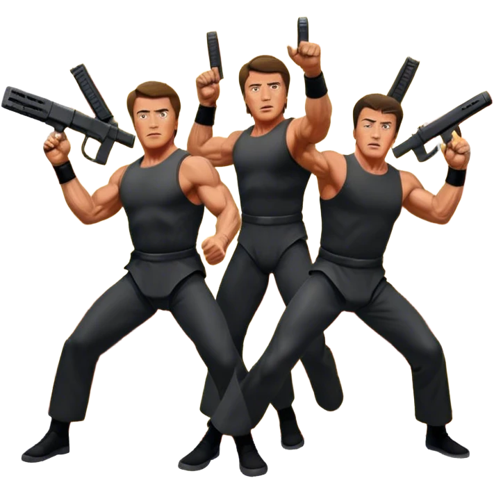 Icon for Action Movies: Collage of photorealistic actors Arnold Schwarzenegger and Sylvester Stallone, surrounded by explosions, weapons, and martial arts moves. The design should capture the high-energy, dynamic nature of their films. Transparent background. emoji
