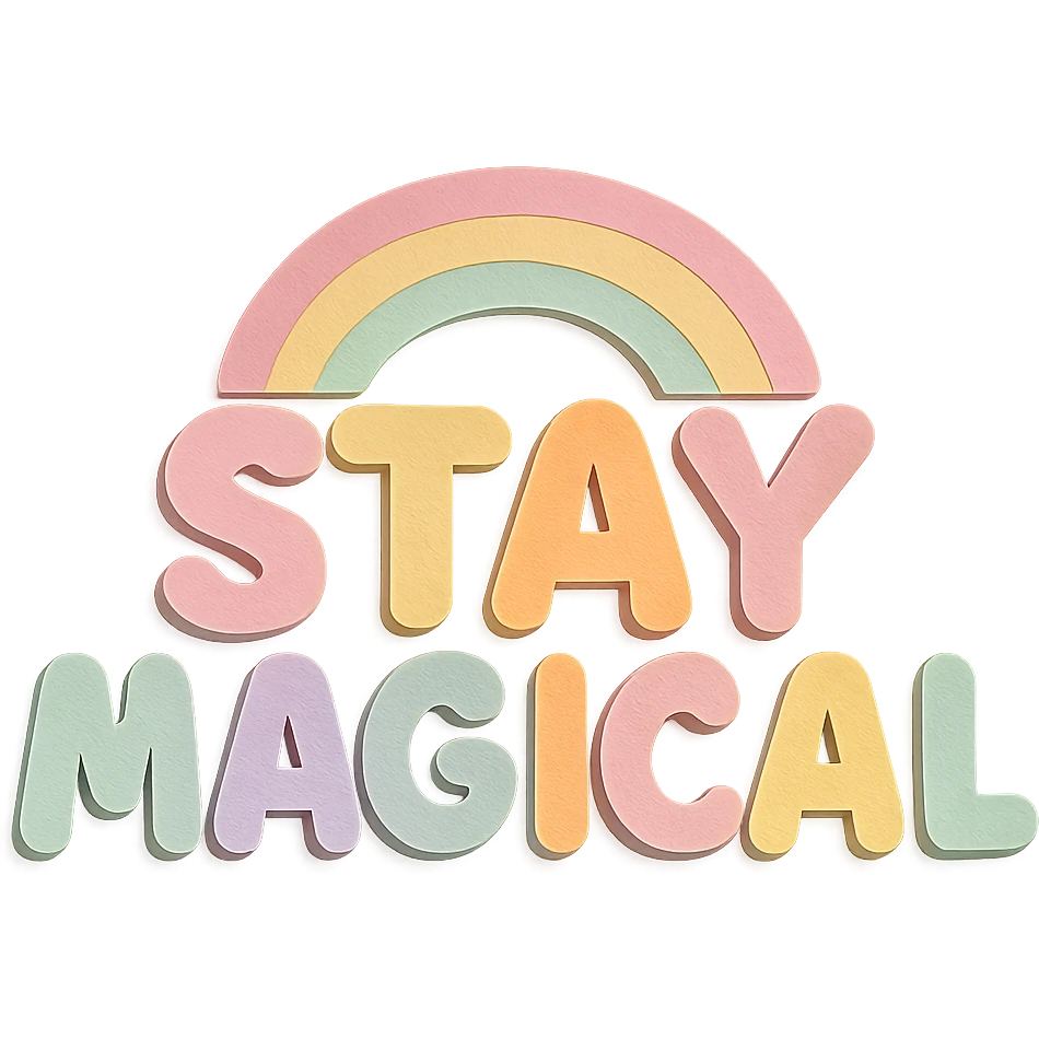 "Stay Magical" soft pastel rainbow chubby cute text, kawaii sticker style, no outline, transparent background emoji