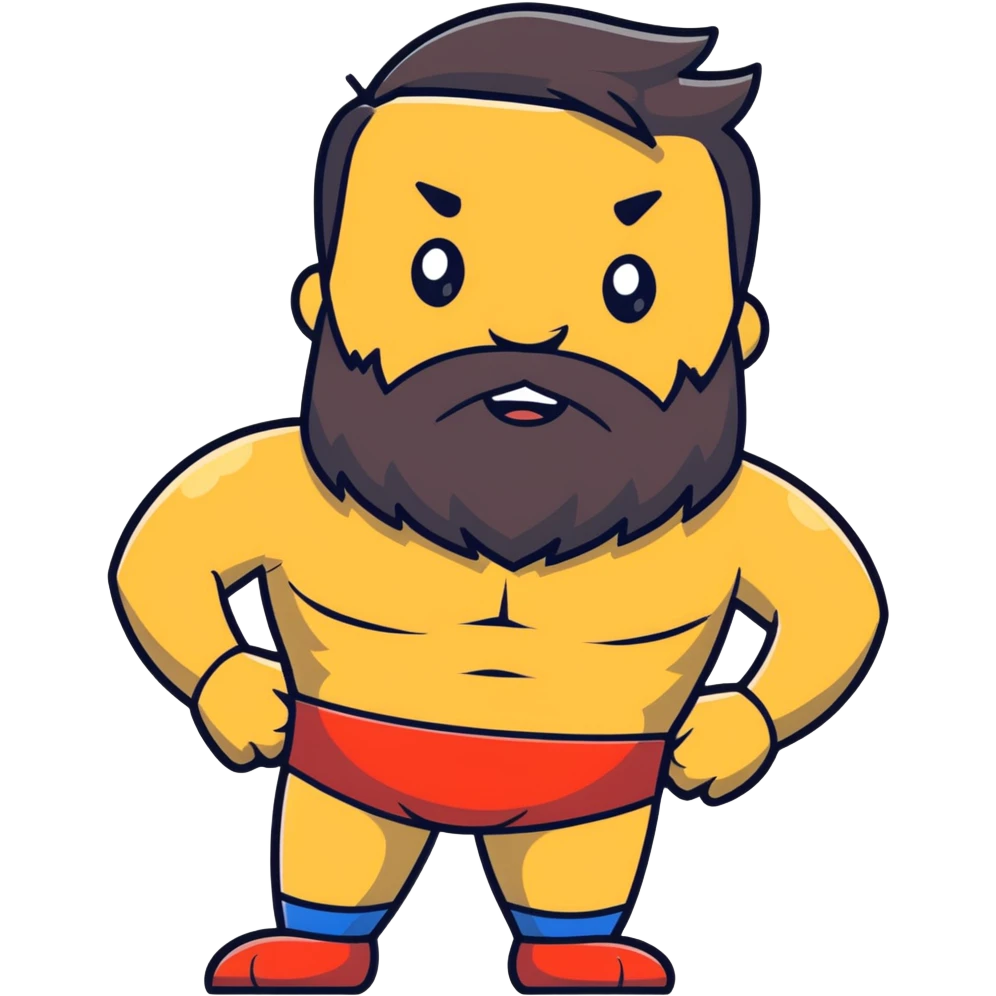 silly superhero with giant beard wearing underwear outside costume, goofy expression emoji