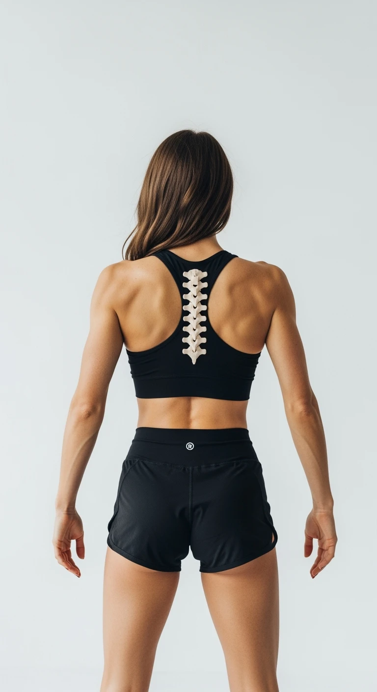 donna fitness di spalle con spina dorsale anatomica in evidenza, sfondo bianco emoji
