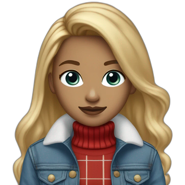 straight hair blond tall blue eye female designer with plaid brown and red sports jacket and white turtle neck sweater black boots and baggy light blue jeans emoji
